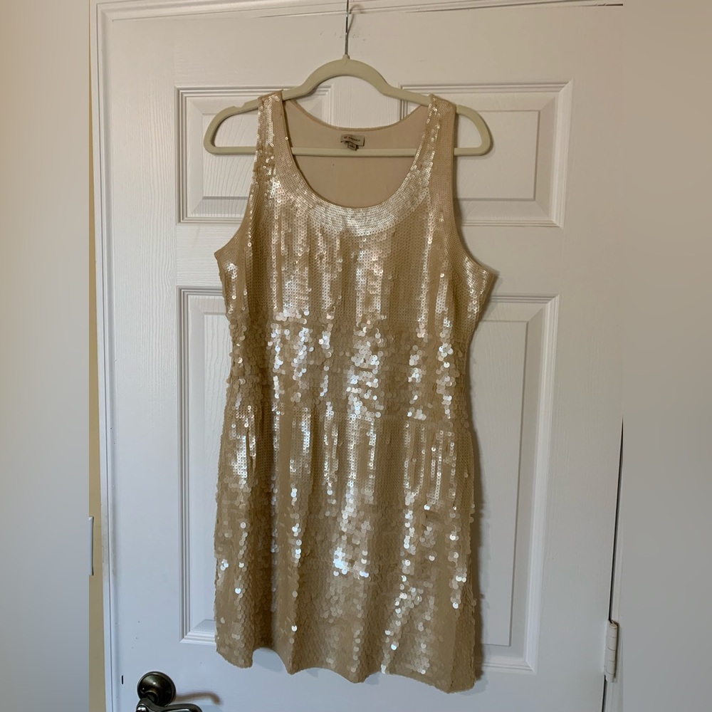 Daniel Cremieux Sleeveless Sequin Front Sheath Mini Dress, Cream, Size Large
